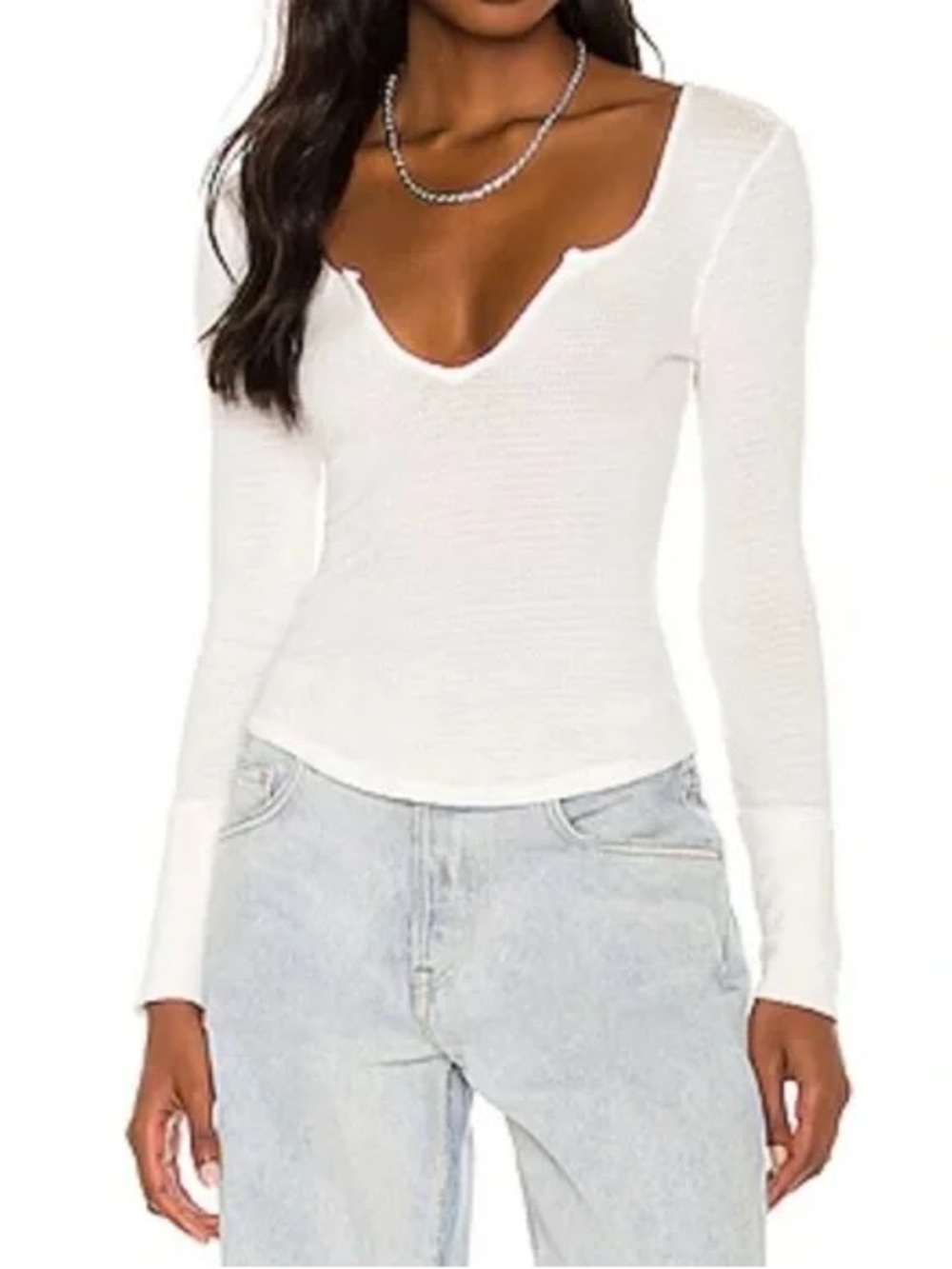 Free People White Ribbed Scoop-Neck Long Sleeve Top